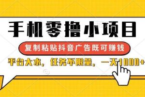 （14254期）手机零撸小项目，复制粘贴抖音广告即可赚钱，平台大水，任务不限量，一…